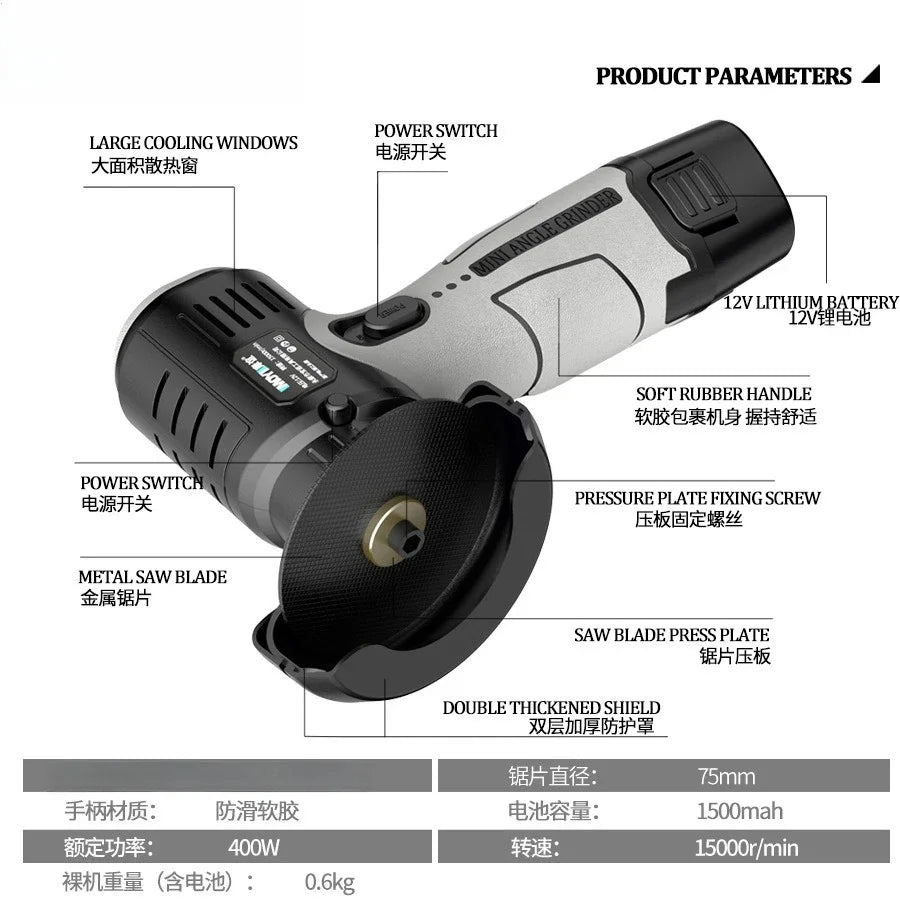 New12V Lithium Battery Mini Angle Grinder Portable Lithium Battery Wireless Small Angle Grinder Grinding Cutting and Polishing M