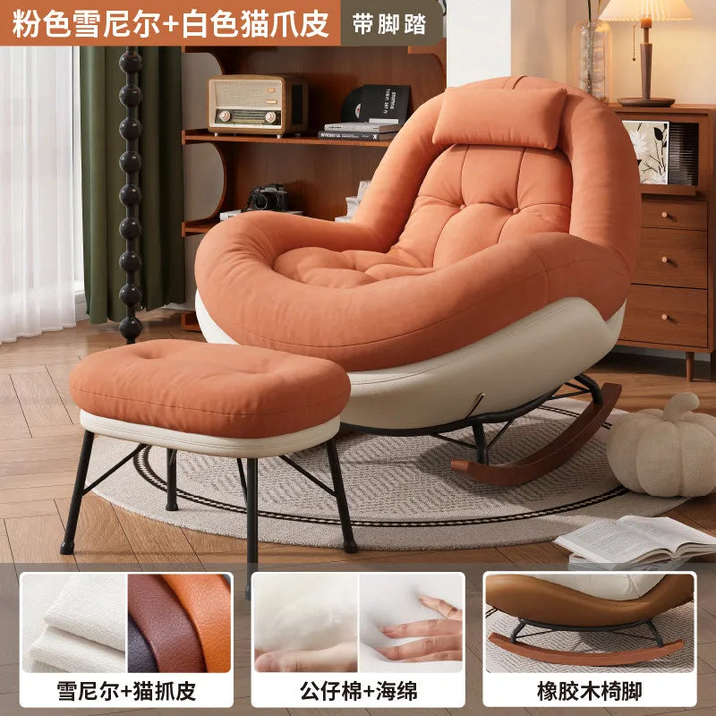 Cozy Button Tufted Rocking Leisure Chair, Curved Wrap-around Chenille Padded Single Recliner Sofa Chair With Wooden Rocking