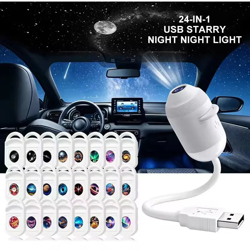 24 Projection Slides USB Plug-in Galaxy Star Projector Night Light Nebula Aurora Starry Sky Projector Light For Bedroom Decor