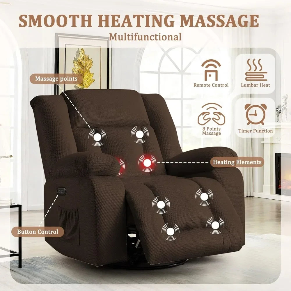 Electric Massage Recliner Chair with Heat & Swivel Rocking, Oversized Waffle Fabric for Living Room Bedroom
