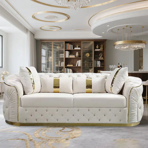#Factory Outlet European Luxury Rose Gold Leg White Sectional Sofa Genuine Leather Modern Modular Button Tufted LivingRoom Couch