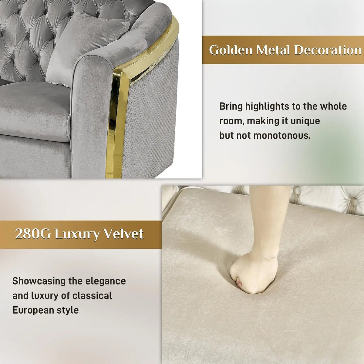 Mid Century Modern Sofa 84" Grey & Gold Tufted Velvet Upholstered Living Room Furniture, Customized
