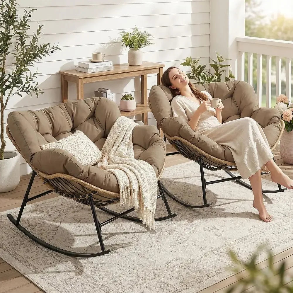 Patio Rocking Chair Set o 2, Outdoor Indoor Oversized Papasan Chairs, 2 Person Double Wicker Egg Rockers with Padded Cushions, C