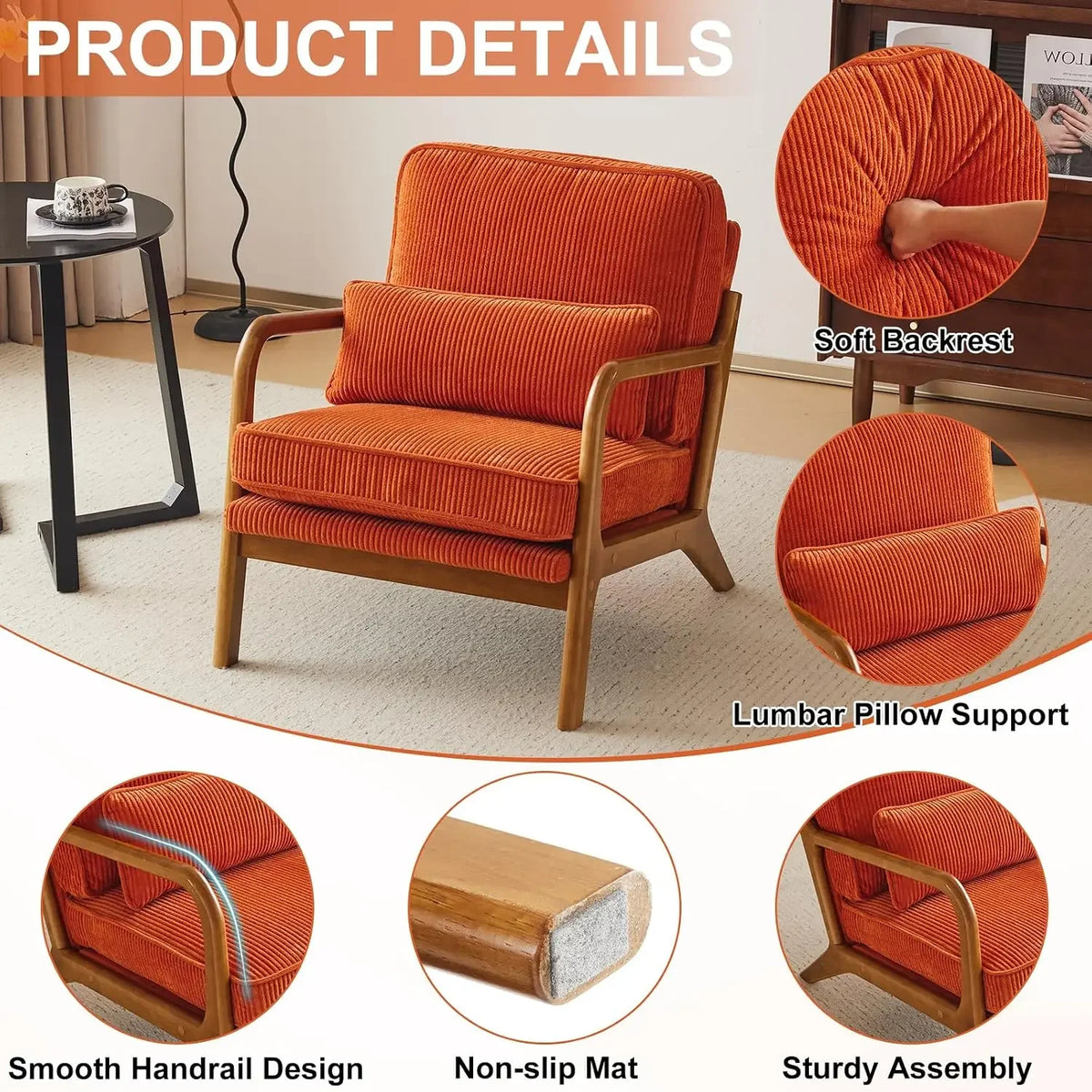 Mid-Century Modern Accent Reading Chair, Orange | Corduroy Upholstered, Solid Wood Frame, Soft Cushion, Lumbar Pillow, Lounge Ar