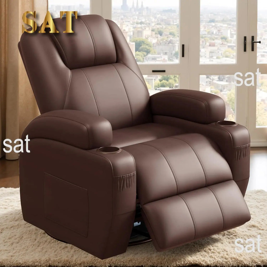 #Swivel Rocker Recliner Chair Vibration Massage 360° Ergonomic Lounge Cup Holders Leather Brown, Customized