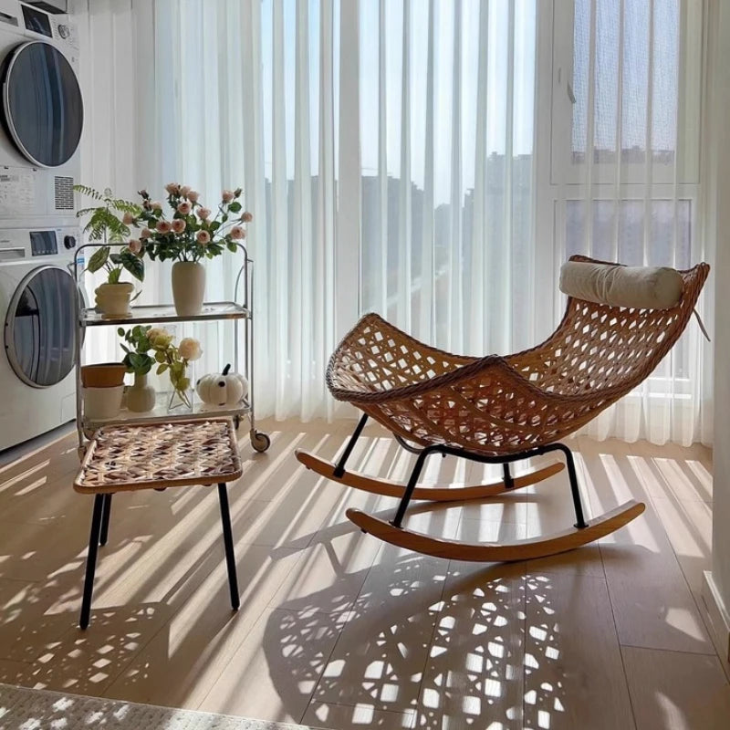 Rattan Rocking Chair for Sleeping Single Recliner Lounge Chair for Living Room Patio Outdoor Relaxing Seat Natural Wicker Rocker