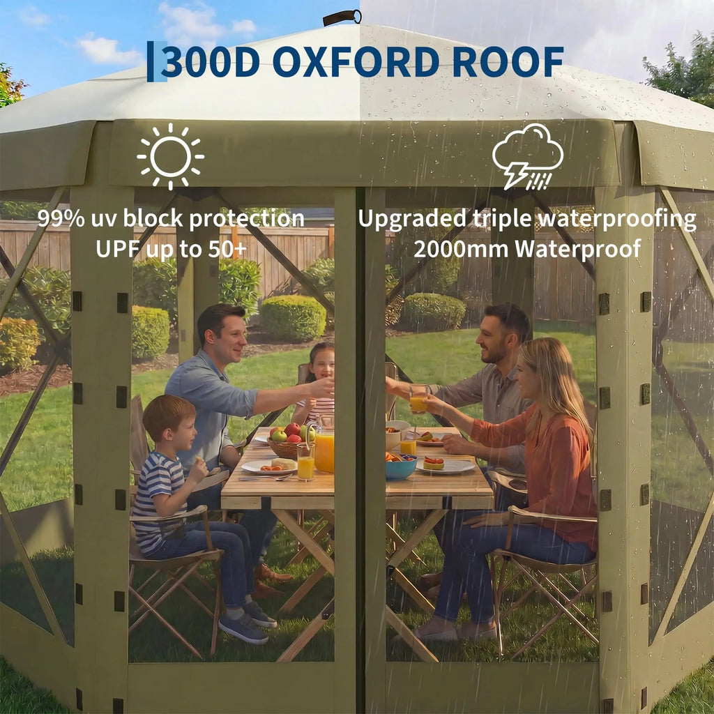 11x11FT Pop Up Gazebo Screen Tent, 6-Sided Mesh Canopy With Removable Wind Walls, One-Push Outdoor Shelter For Camping Party Patio