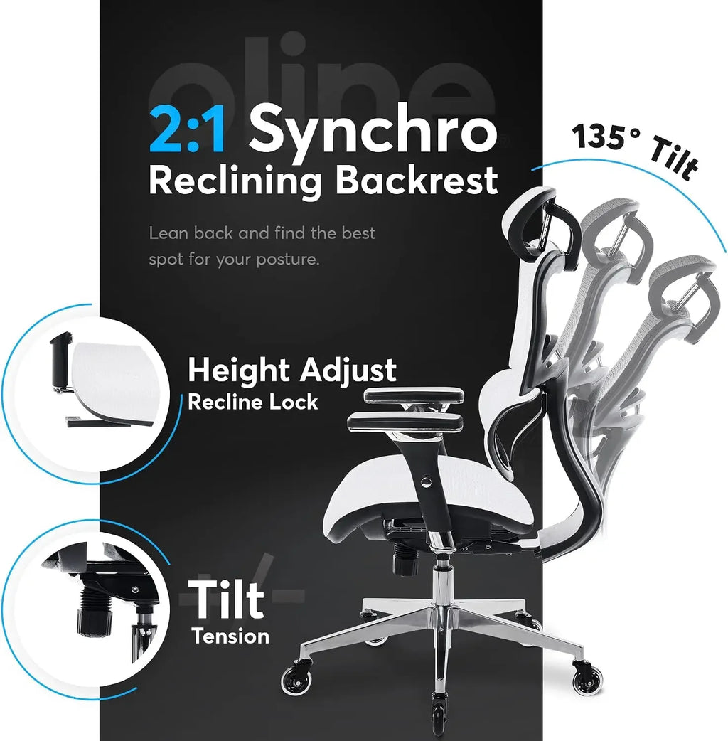 Oline ErgoPro Ergonomic Office Chair with 4D Adjustable Armrest, 3D Lumbar Support and Blade Wheels - Mesh Computer Gaming Rolling Desk Executive Swivel Home Chair (White)