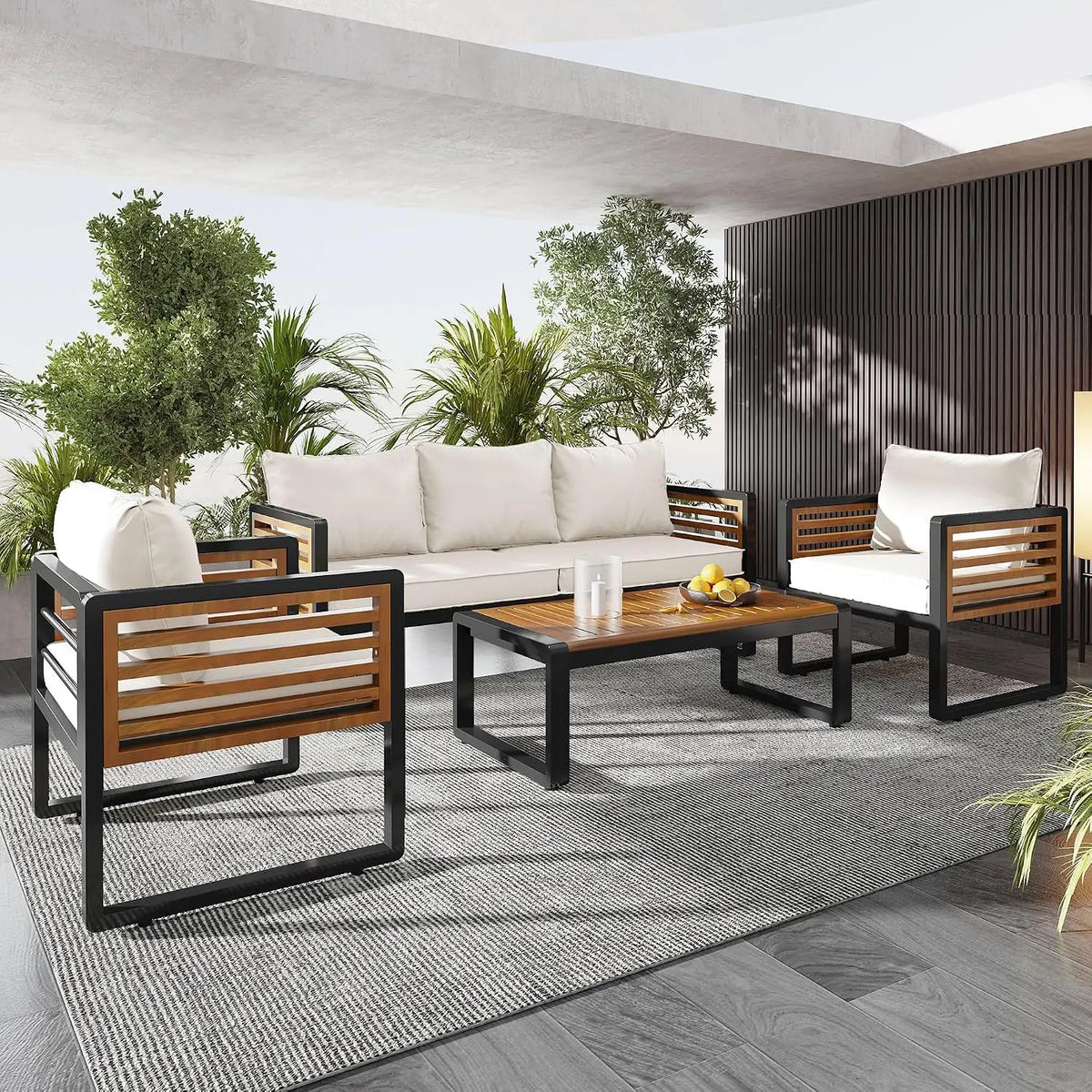 4-Piece Patio Set, All Weather Sectional w/ 2 Chairs, Loveseat & Table, Acacia Wood Outdoor Furniture with Cushions, Customized