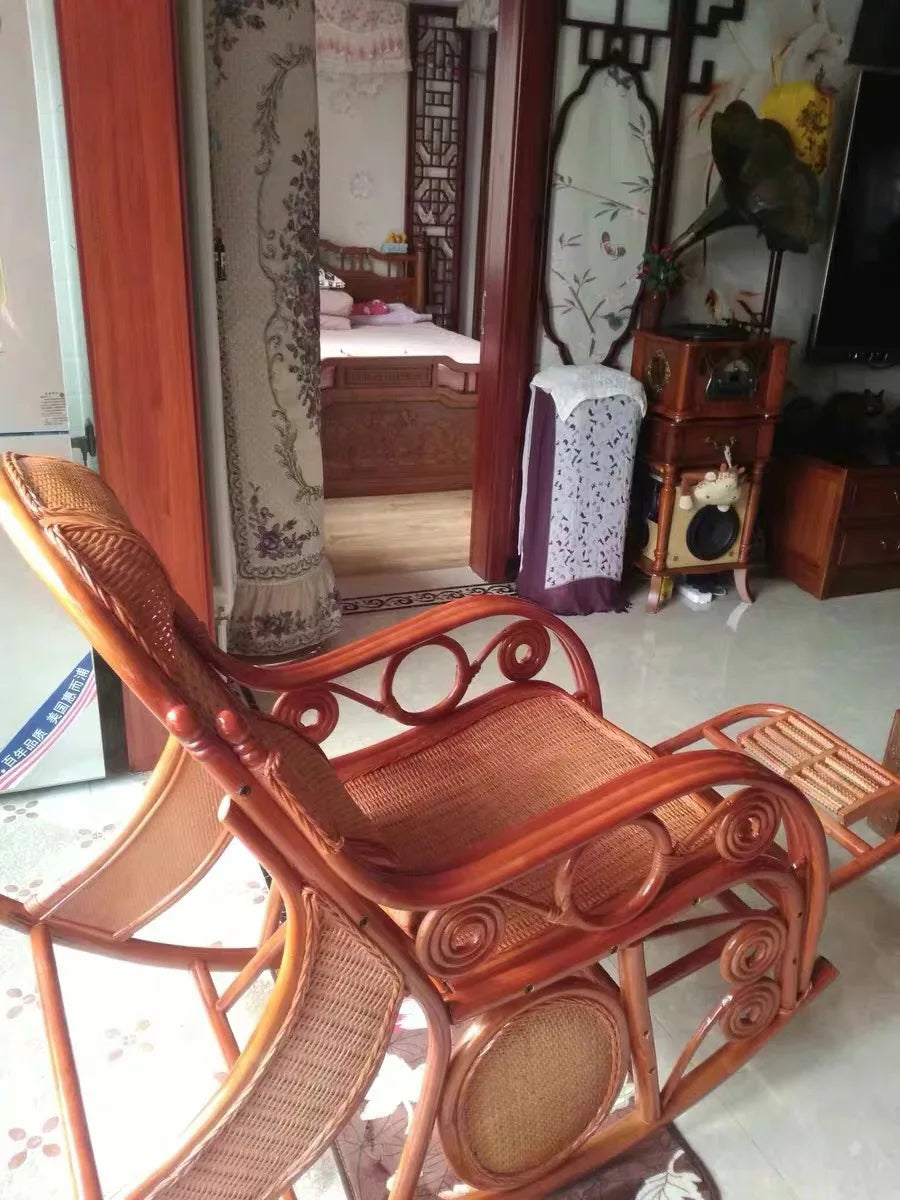 CZ Rocking Chair Hanging Basket Natural Real Rattan Plant Woven Relaxing Leisure Recliner