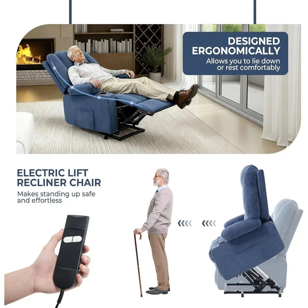 Electric Recliner Chair with Cup Holder, USB Port, Fabric, Power-Lift, Heat, and Massage, Ideal for Seniors, Blue