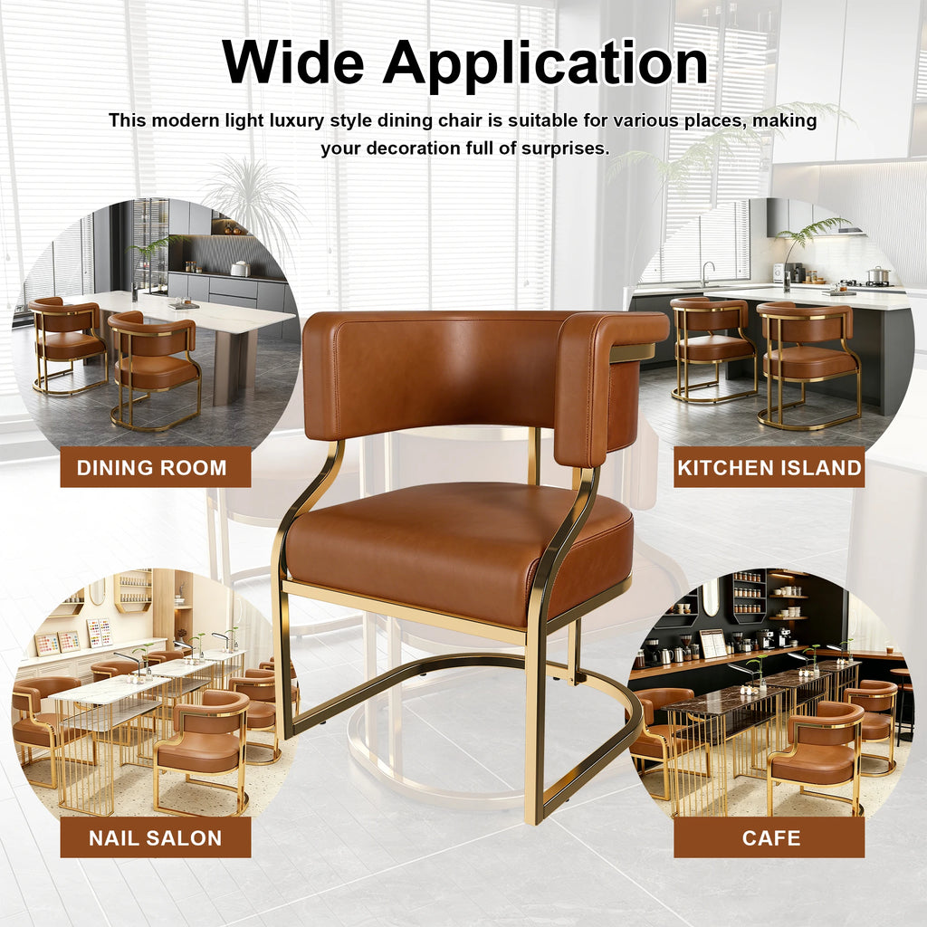 Modern Dining Chairs Set Of 2 With Gold Metal Legs, PU Leather Upholstered Kitchen Chairs, Brown