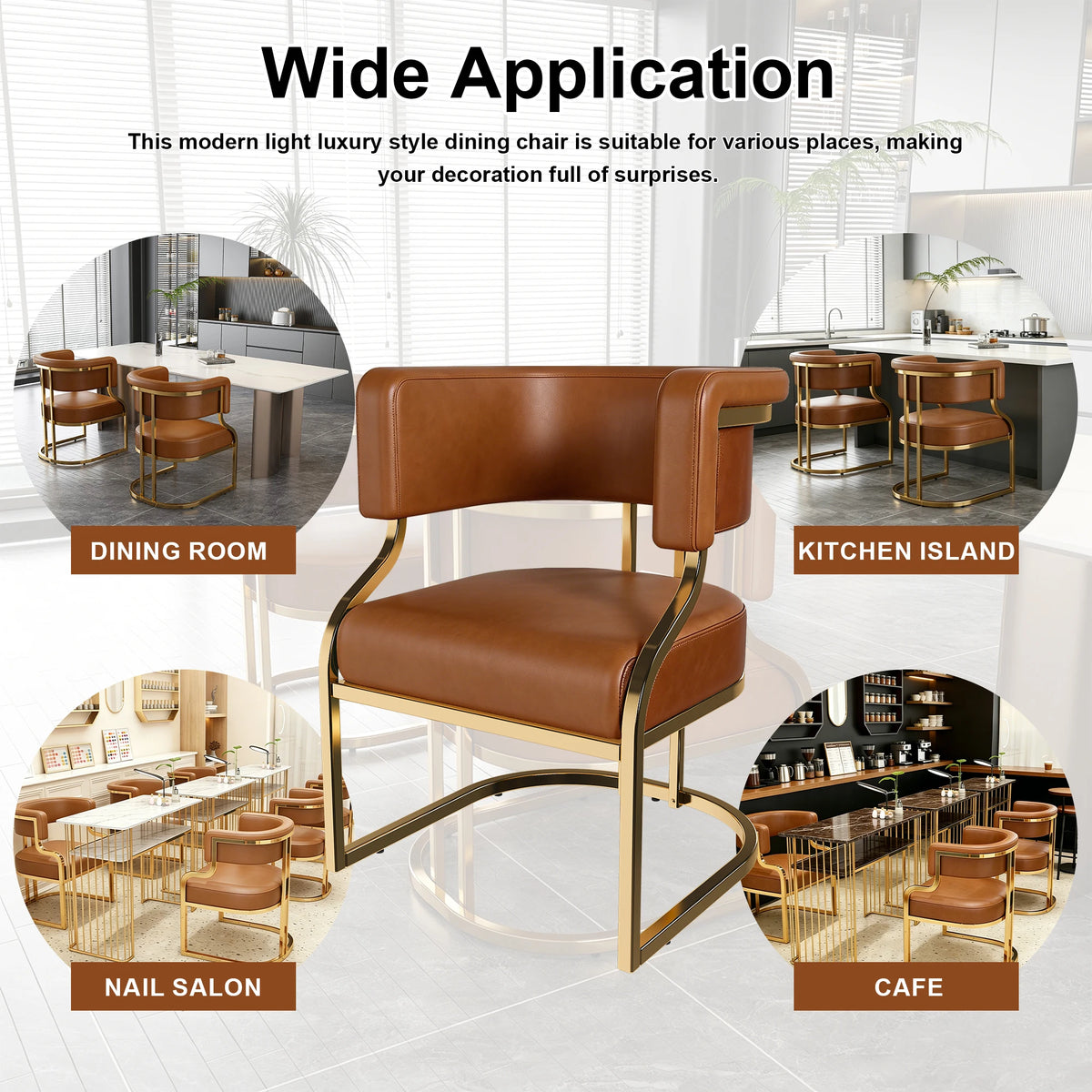 Modern Dining Chairs Set Of 2 With Gold Metal Legs, PU Leather Upholstered Kitchen Chairs, Brown