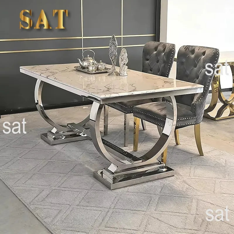 # Factory Wholesale Solid Marble Dining Table with Silver Circle Decorations