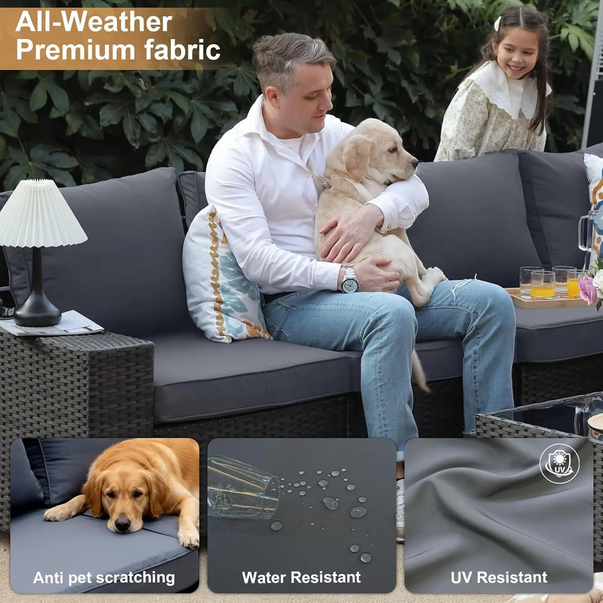 5Pcs Rattan L Shaped Patio Furniture Set,Outdoor Sofa With Waterproof Cushions&Coffee Table For Garden, Custom