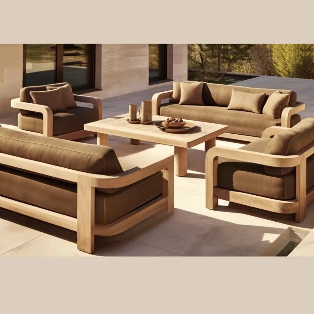 Luxury Outdoor Dining Set Teak Wood Dining Chair Natural Travertine Dining Table Waterproof Villa Patio Garden Furniture