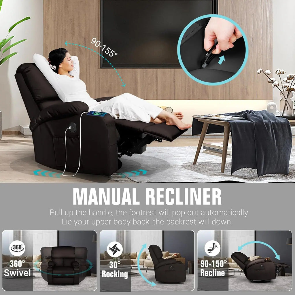 Massage Rocker Recliner Chair with Vibration And Heat USB & Type-C Ports 360° Customizable Rocking Recliner Chair