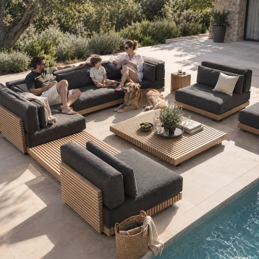Nordic Solid Wood Outdoor Sofa Set, Luxury Waterproof Sunproof Patio Furniture, Balcony and Garden Leisure Recliner for Villa