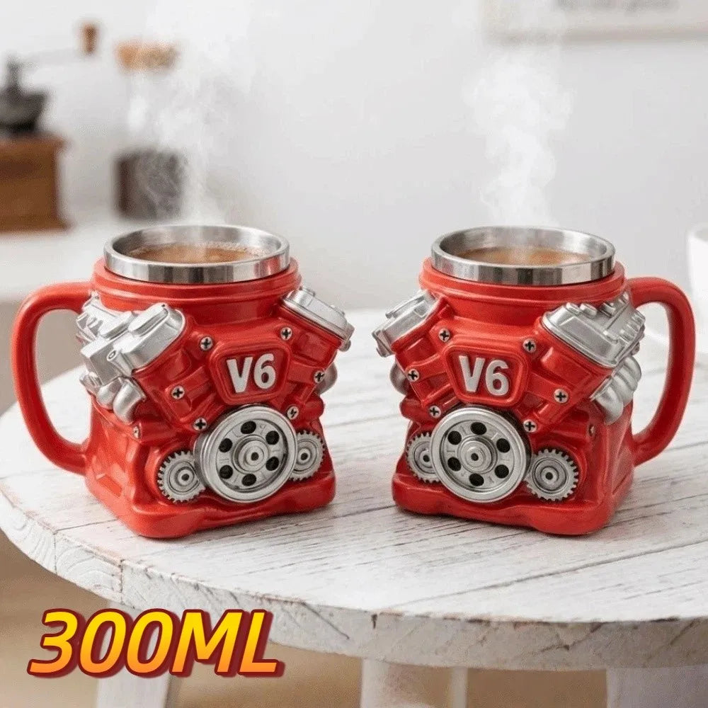 Retro Engine Coffee Mug with Handle 300ML V8 Engines Stainless Steel Cup Double Wall Realistic Design Insulation Car Mug