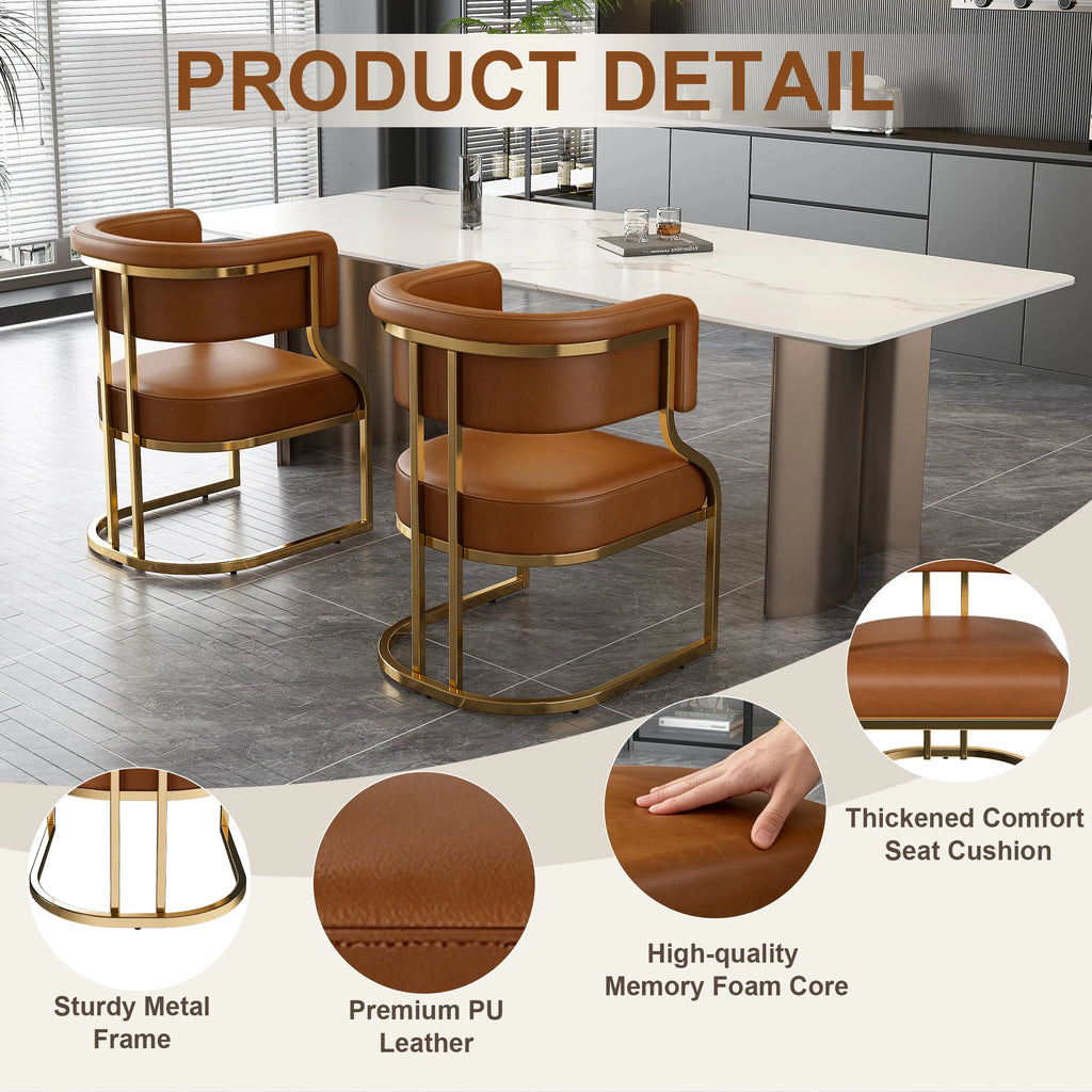 Modern Dining Chairs Set Of 2 With Gold Metal Legs, PU Leather Upholstered Kitchen Chairs, Brown
