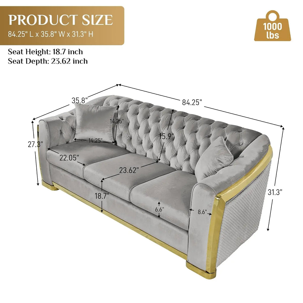 Mid Century Modern Sofa 84" Grey & Gold Tufted Velvet Upholstered Living Room Furniture, Customized
