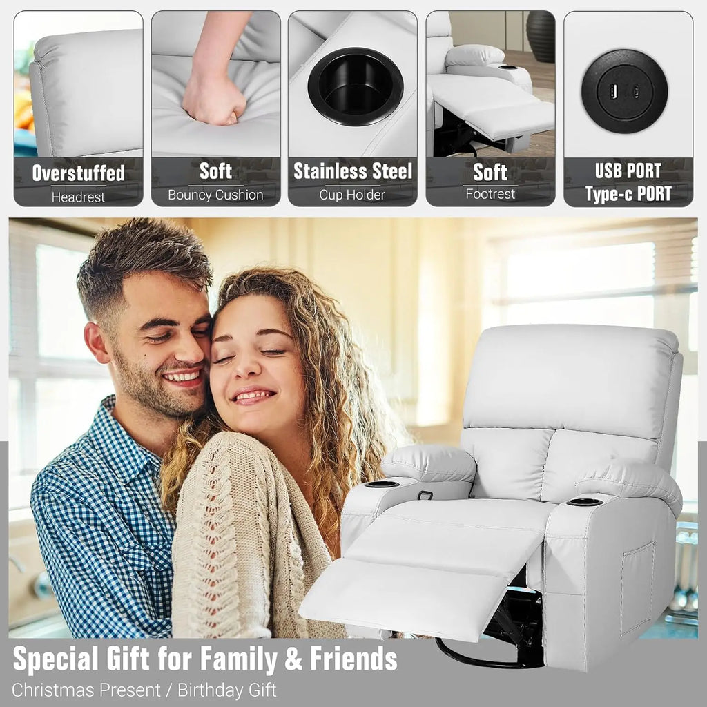 Rocking Recliner Chair, Massage Rocker Recliner Chair with Vibration Massage and Heat, USB and Type-C Ports,360° Swivel Faux Lea