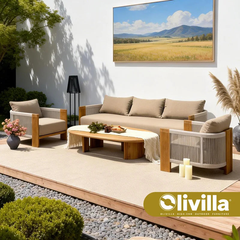 Outdoor Teak Sofa Patio Villa Resort Hotel Rope-woven Furniture Garden Balcony Leisure High-end Sunscreen Wooden Sofa Couch Set