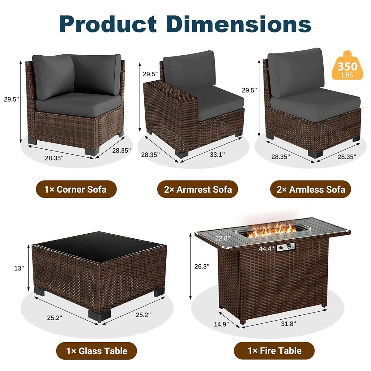 Patio Furniture Set with 44'' Fire Pit Table, 7 Pcs Outdoor Sectional Sofa |  Conversation Sets Brown Wicker Rattan, Customized