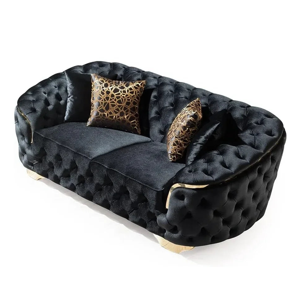 A Light Luxury Living Room Black Velvet 2 Seater Sofa With Gold Leg Upholstered Tufting Loveseat Lounge Sofas Couch Sets
