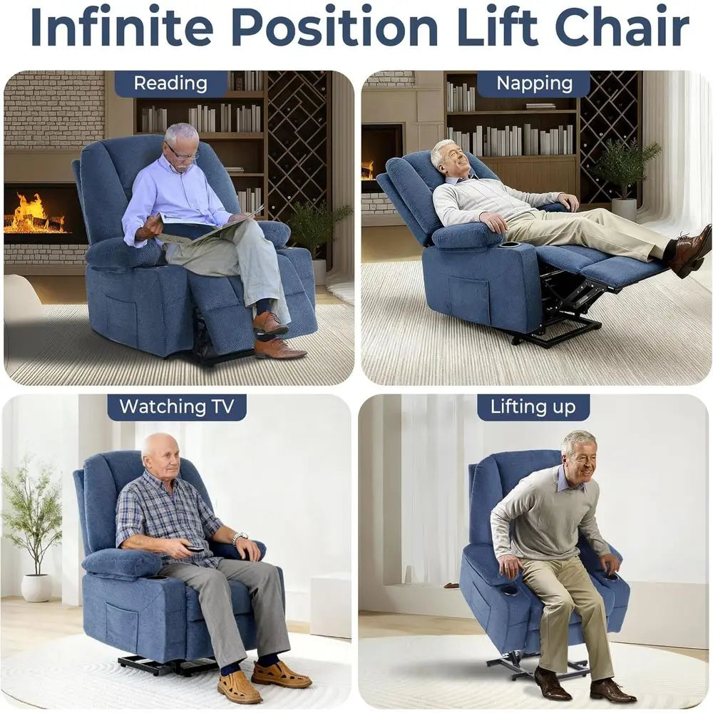 Electric Recliner Chair with Cup Holder, USB Port, Fabric, Power-Lift, Heat, and Massage, Ideal for Seniors, Blue