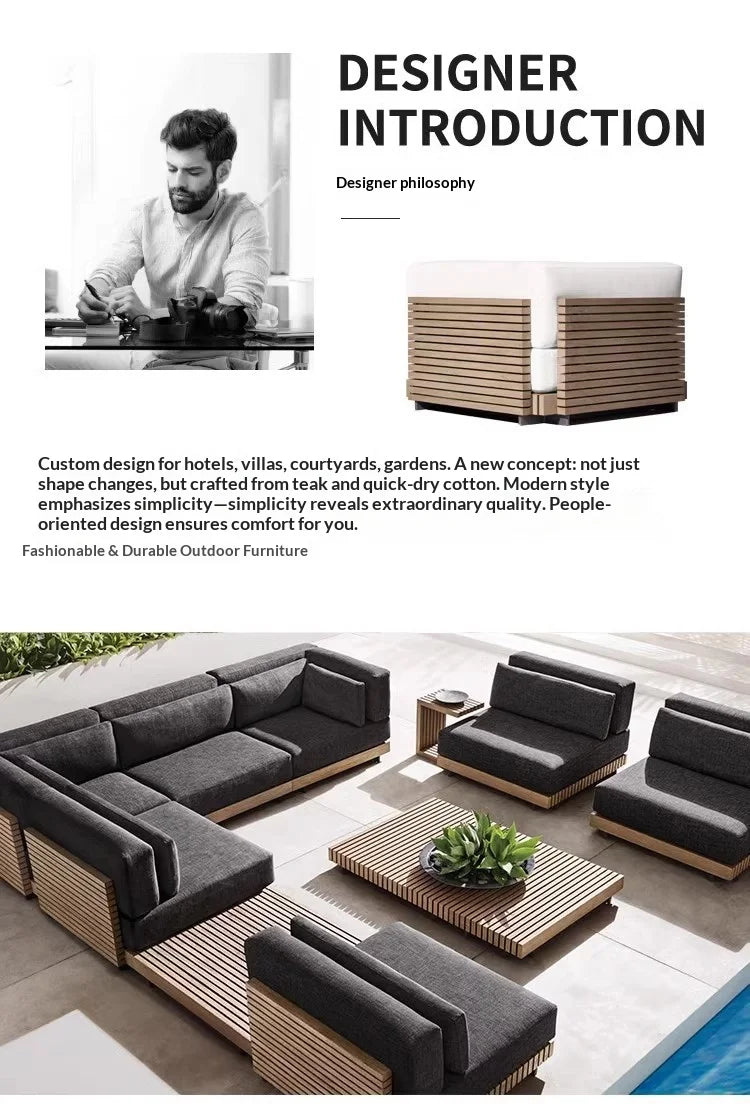 Nordic Solid Wood Outdoor Sofa Set, Luxury Waterproof Sunproof Patio Furniture, Balcony and Garden Leisure Recliner for Villa