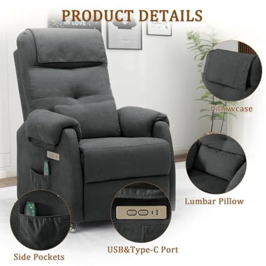 Power Recliner Chair for Adults, Recliner for Small Spaces with Rollers, Electric Chair with Massage and Heat, USB and Type-C C