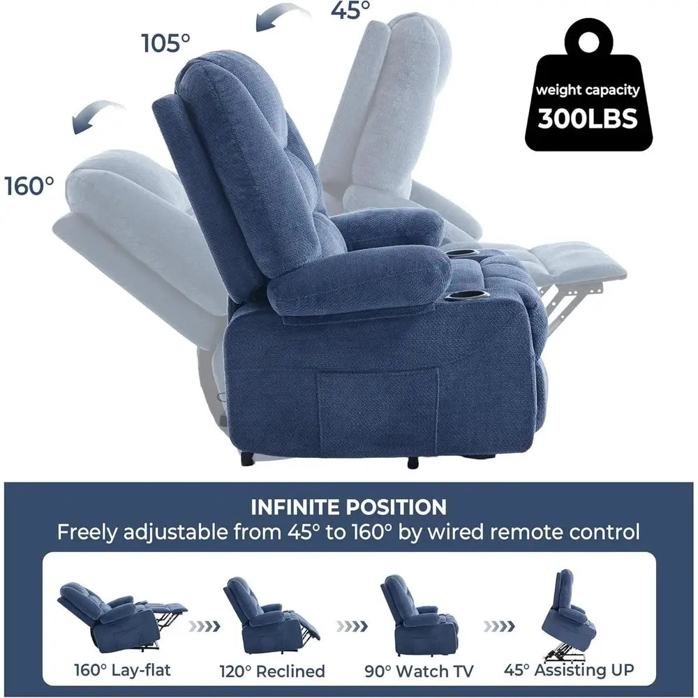 Electric Recliner Chair with Cup Holder, USB Port, Fabric, Power-Lift, Heat, and Massage, Ideal for Seniors, Blue