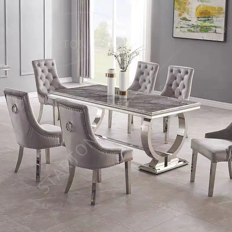 Modern Living Room Furniture Stainless Steel Dining Tables and Chairs Set Marble Stainless Steel  Dining Table