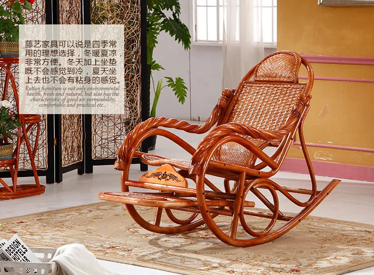 CZ Rocking Chair Hanging Basket Natural Real Rattan Plant Woven Relaxing Leisure Recliner