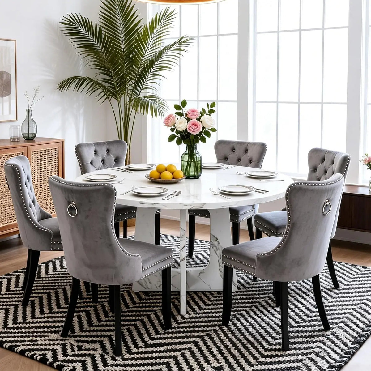 7-Piece Round Dining Table Set for 6, 47" Black Farmhouse Kitchen Table with 6 Gray Velvet Tufted Chairs, Modern Circle, Custom