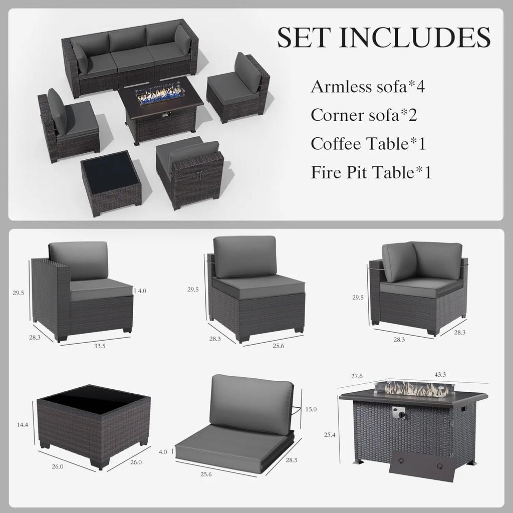 8 Pieces Patio Furniture Set with Fire Pit Table, All Weather Rattan Outdoor Furniture with 29.5'' High Backrest, Customized