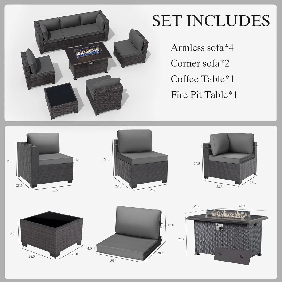8 Pieces Patio Furniture Set with Fire Pit Table, All Weather Rattan Outdoor Furniture with 29.5'' High Backrest, Customized
