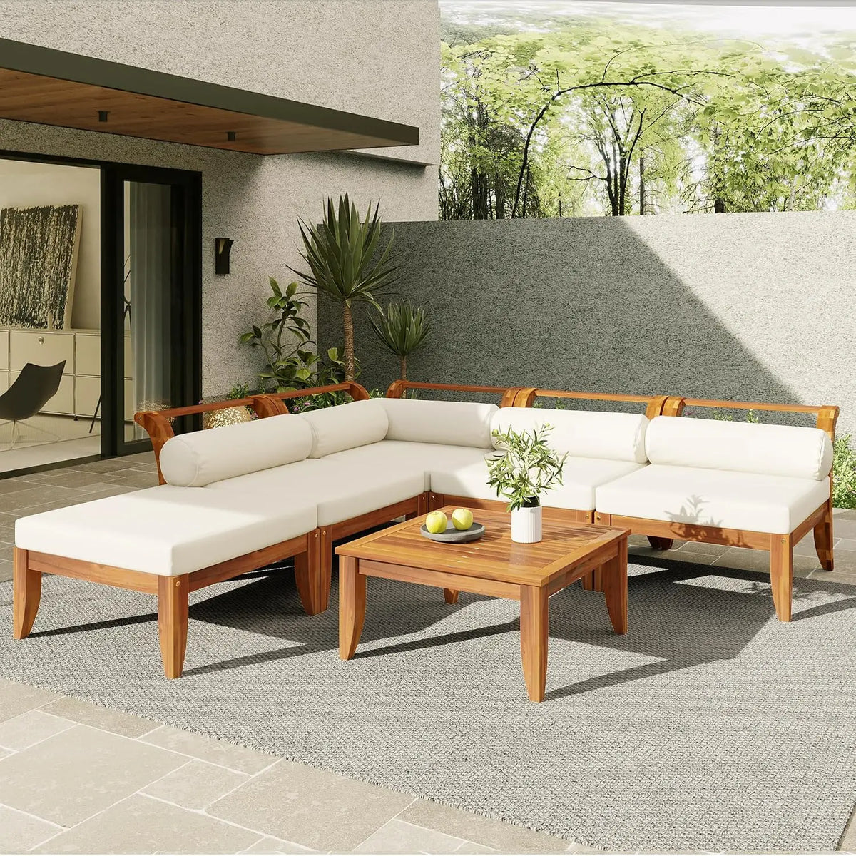 4-Piece Patio Set, All Weather Sectional w/ 2 Chairs, Loveseat & Table, Acacia Wood Outdoor Furniture with Cushions, Customized