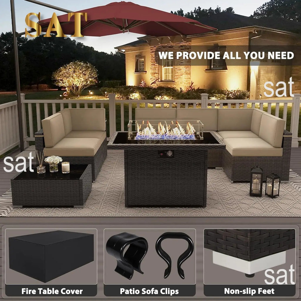 u*-8 Pieces Patio Furniture Set With 44" Propane Gas Fire Pit Table, Outdoor Sectional Brown Rattan Wicker, Customized