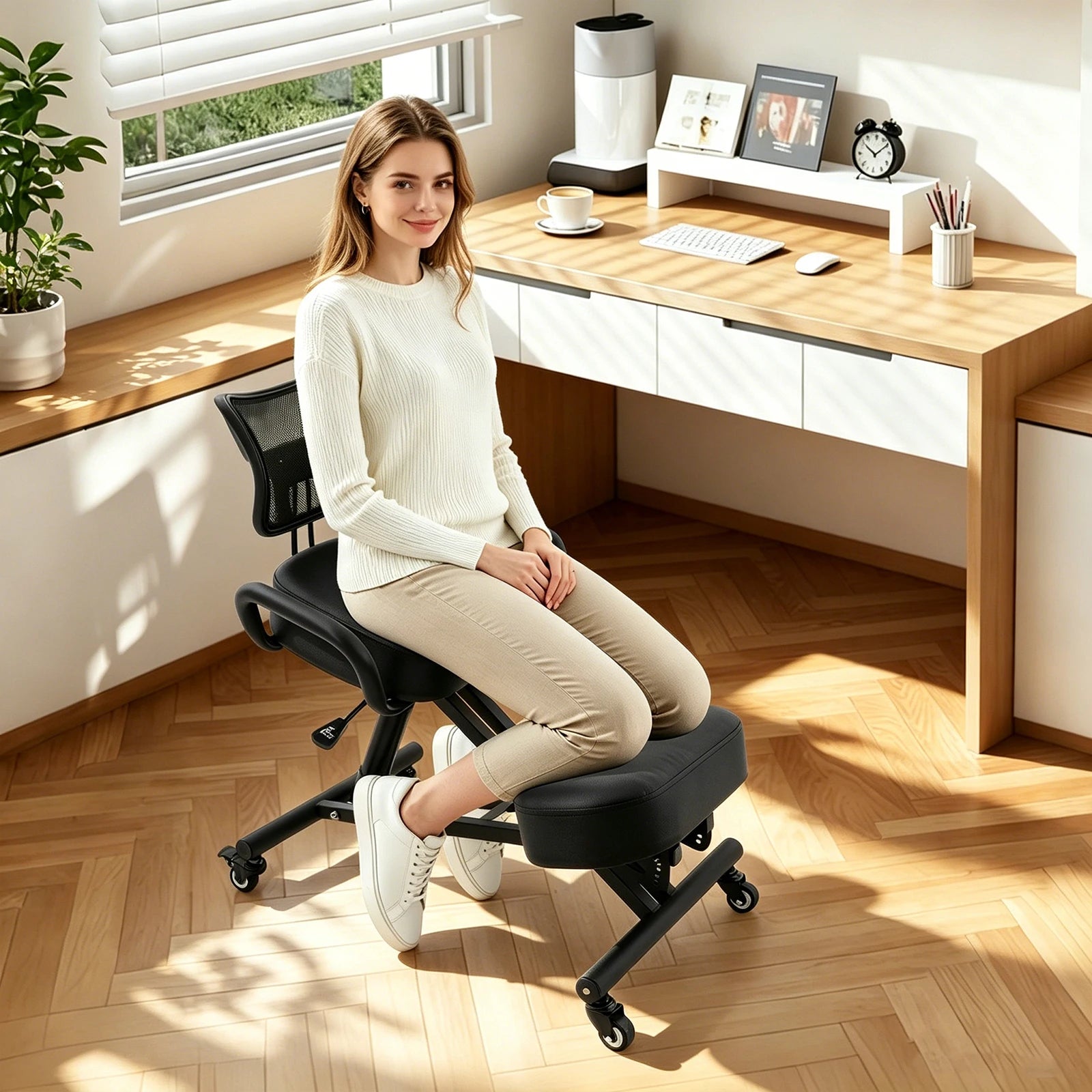 Ergonomic Kneeling Chair with Back Support, Height Adjustable Kneeling Posture Chair, Rolling Kneeling Office Chair for Home Office Study Meditation