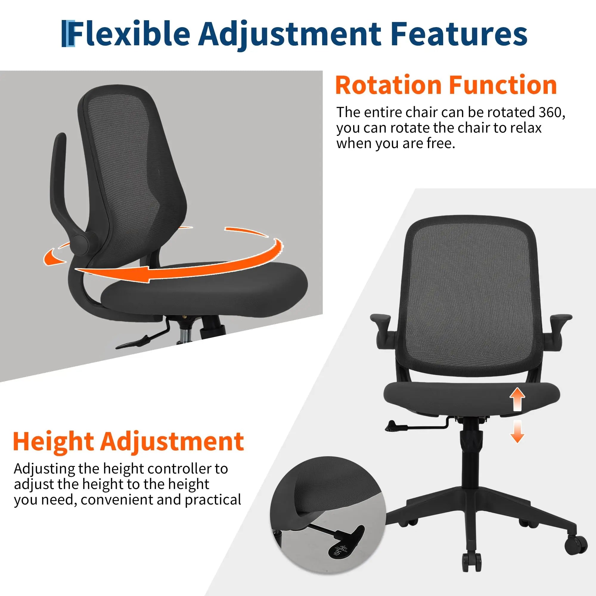 Ergonomic Office Chair With Flip Up Arms, Black Mesh Desk Chair With Lumbar Support, Adjustable Swivel Computer Chair For Home Office