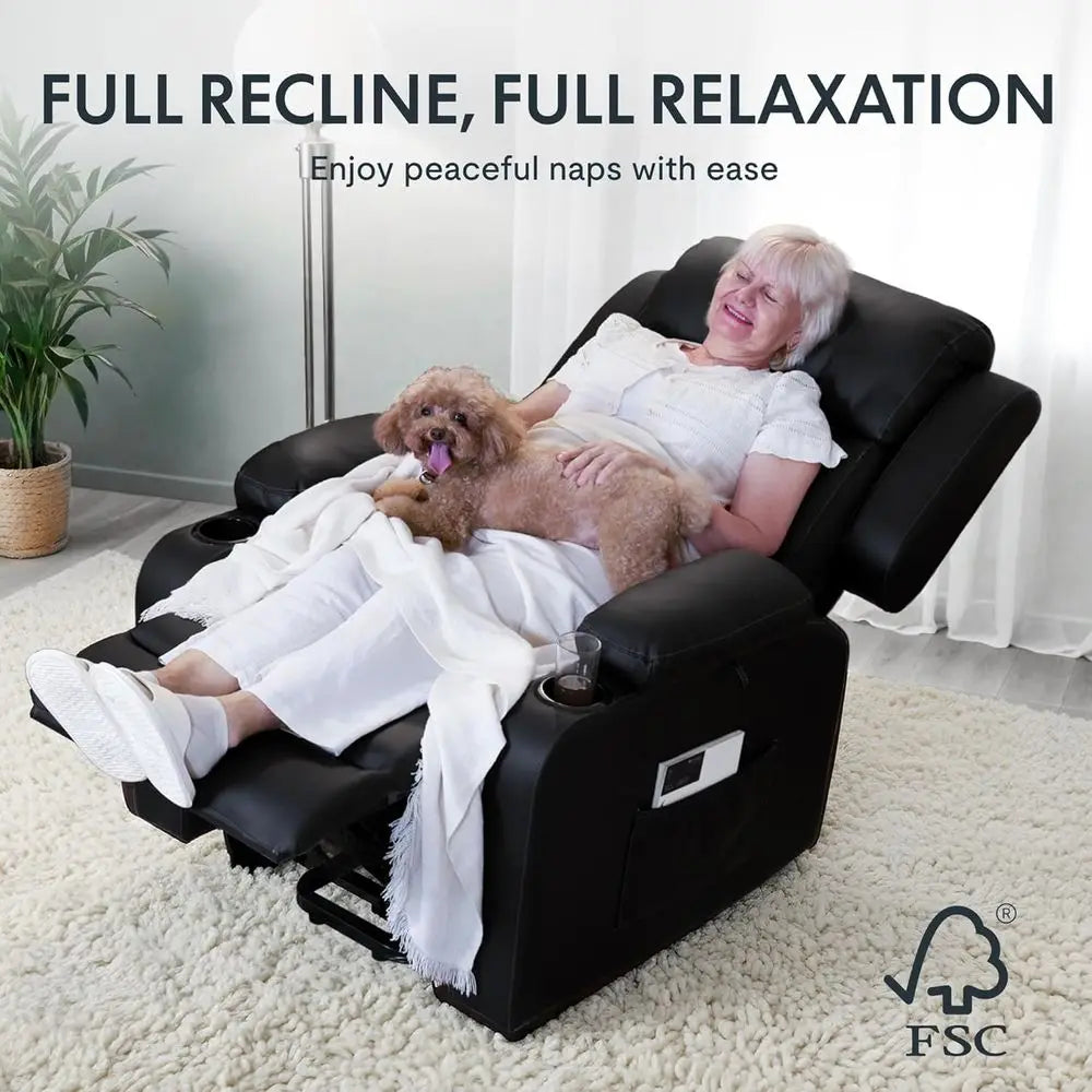 XL31 Power Lit Recliner Chair or Elderly, Electric Lit Chair with Massage & Heat, PU Leather Reclining Soa w/Cup Holders, Side k