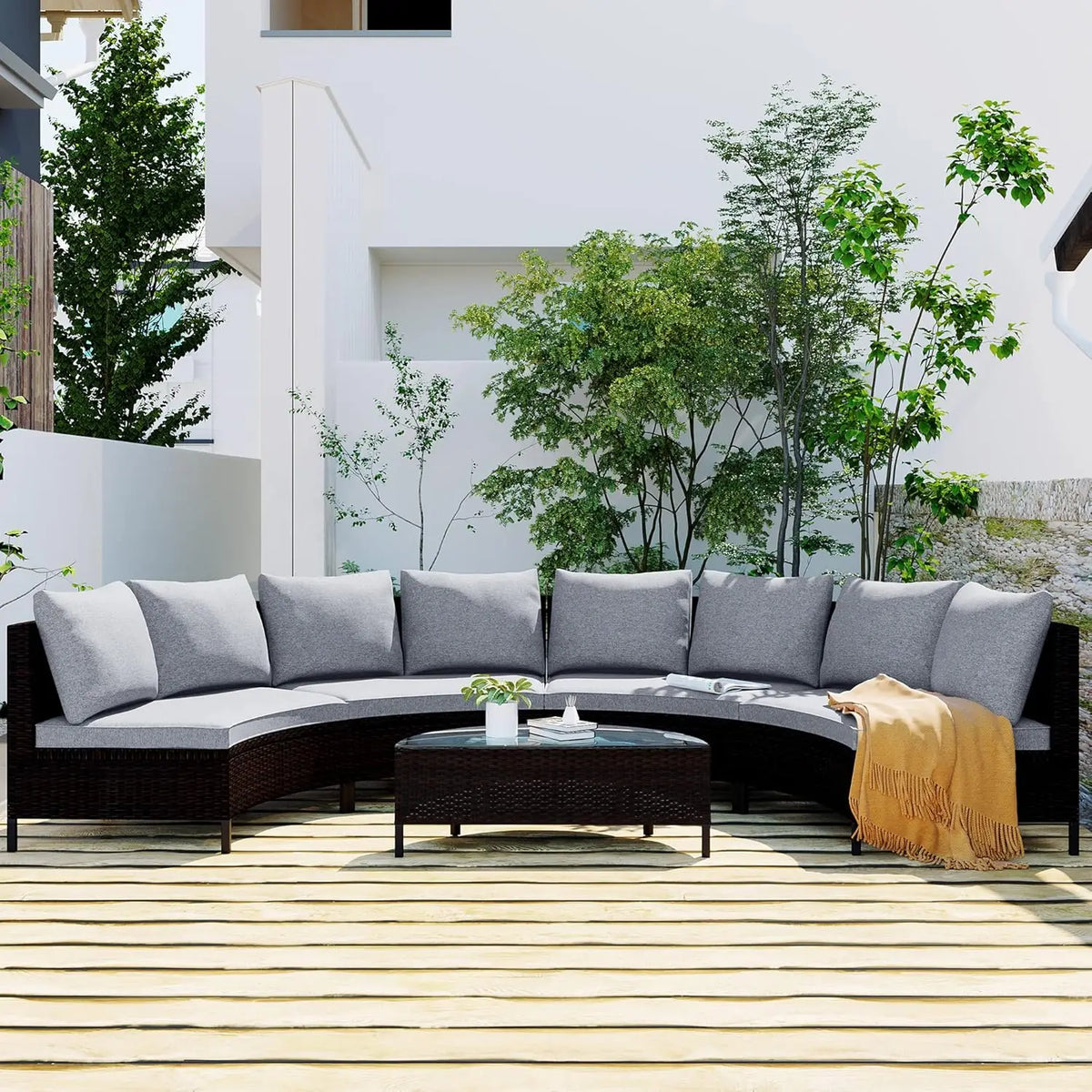 7 Piece Outdoor Patio Furniture Sofa Sets,All Weather Rattan Conversation Sofa Set with Striped Green Pillows/Tempered, Custom