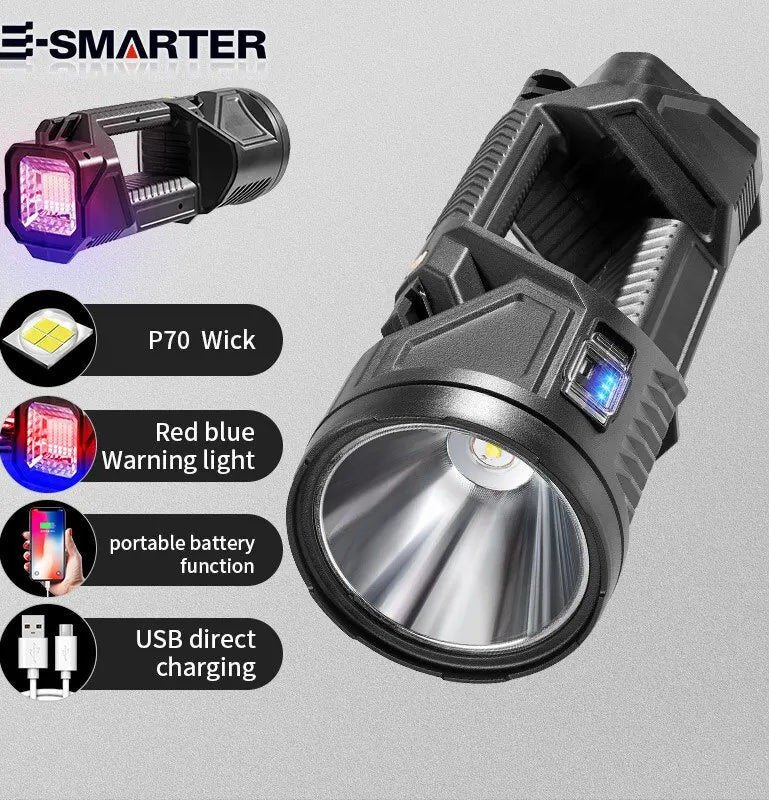 Portable Powerful Searchlight with Large Capacity Lithium Battery Rechargeable Handheld Flashlight Featuring Power Bank Function