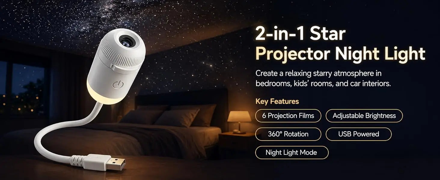 Mini USB Bedside Night Light Projection Ambient Light 36 Slides Galaxy Starry Sky Projector Lamp for Home Room Decor Kids Gifts