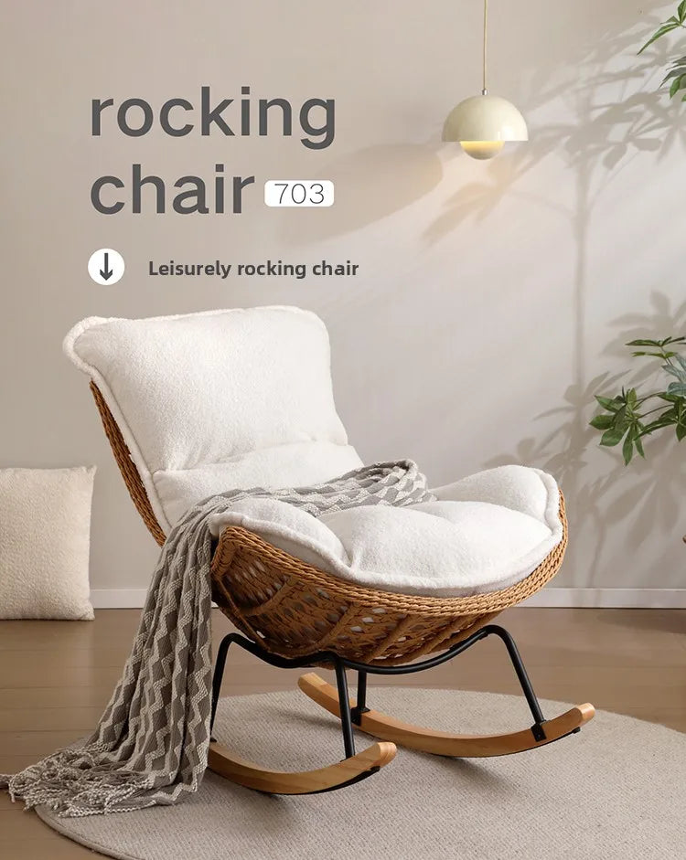 Rattan Rocking Chair for Sleeping Single Recliner Lounge Chair for Living Room Patio Outdoor Relaxing Seat Natural Wicker Rocker