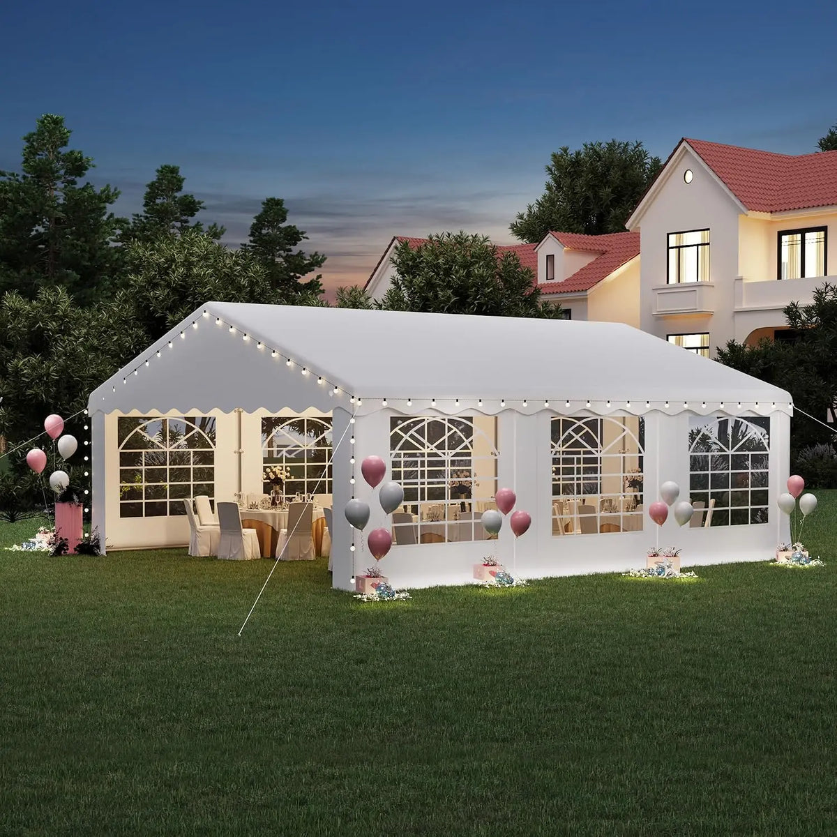 20X20FT Party Tent, White Outdoor Wedding Canopy with Removable Sidewalls and Church Windows, Heavy Duty Pavilion, Customized