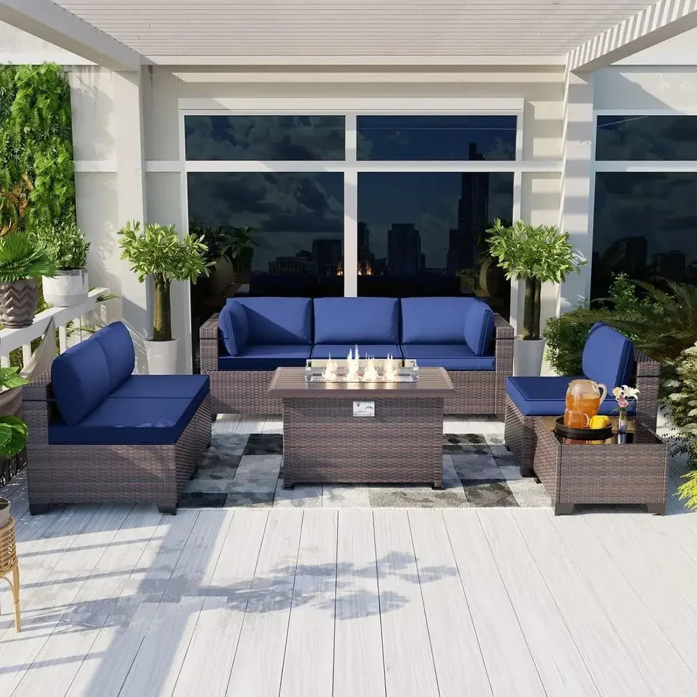 8 Pieces Outdoor Patio urniture Set with 43" 55000Gas Propane ire Pit Table PE Wicker Rattan Sectional Soa Patio Contion Sets,Na