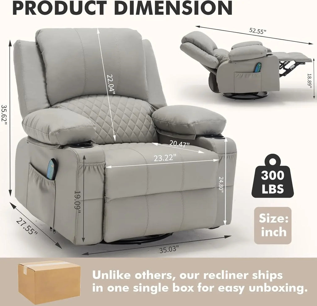 Faux Leather Recliner Chair with Heat and Massage Cup Holder, Overstuffed Swivel Rocker Recliner Chair Rocking Glider Chair, Lig